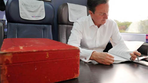 Did Cameron leave his red box on a train unattended?